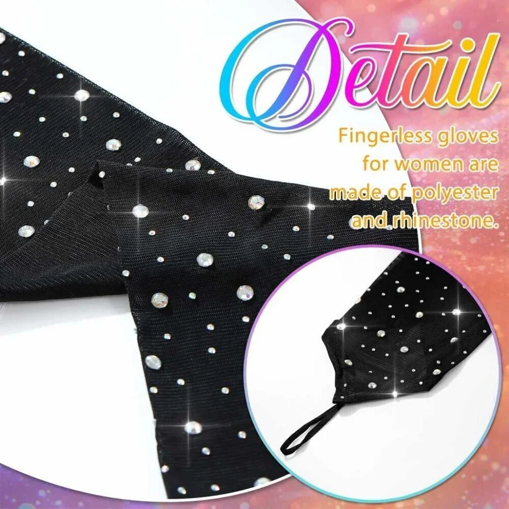 Women's Rhinestone Long Mesh Gloves Fingerless Elbow Length Arm Sleeves Prom